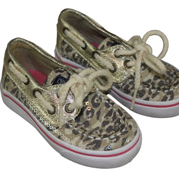 Sperry Baby Shoes Gold Leopard Cheetah Sequin Boat Infant Girls Size 5 M - Picture 1 of 6